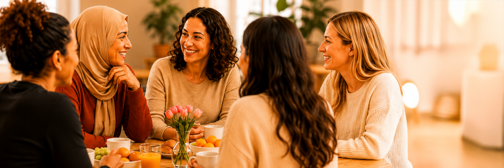 Fünf Frauen unterschiedlicher Herkunft unterhalten sich fröhlich am Frühstückstisch.